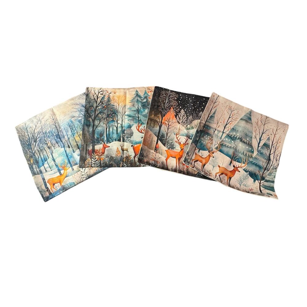 NWT New Winter Wonderland Deer Holiday 4 Piece Set 100% Linen Pillowcase Covers‎